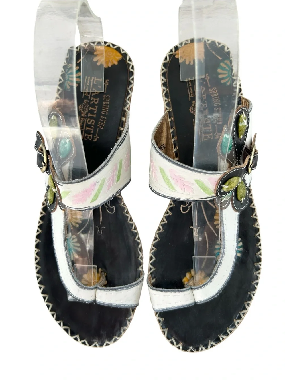L’ARTISTE by Springstep Santorini White Leather Floral Toe Loop Thong Sandals 40